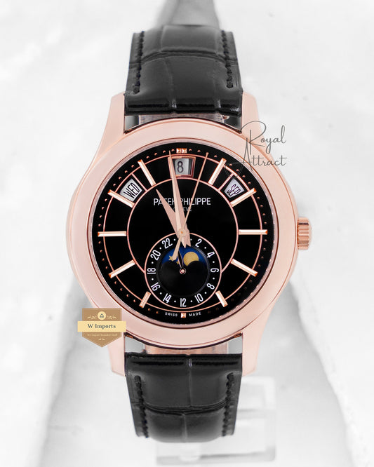 Latest Collection Moon Phase Rose Gold Case With Black Dial Dial & Leather Strap