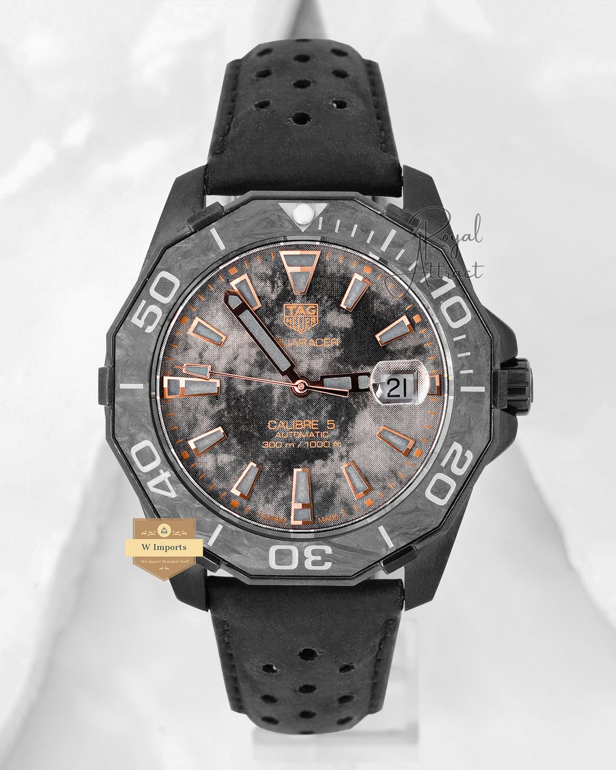 Latest Collection Carbon Black Case With Mottled Gray Dial Leather Strap Automatic Watch For Men