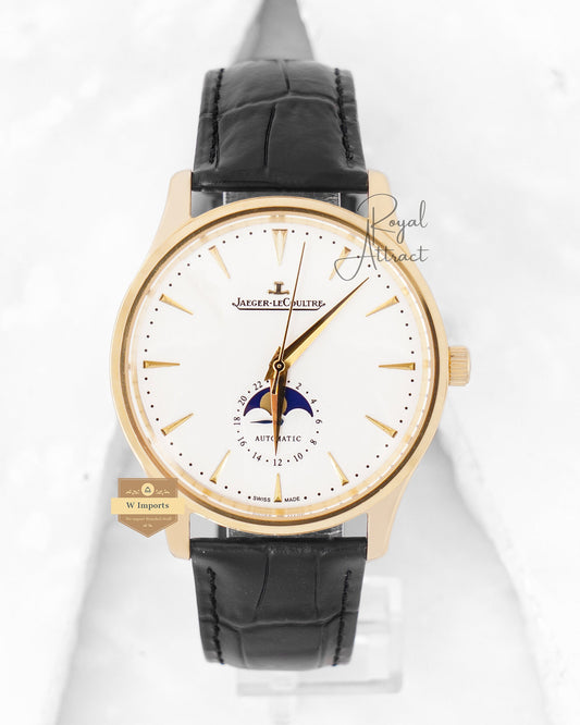 Latest Collection Moon phase Yellow Gold Case With White Dial & Black Leather Strap