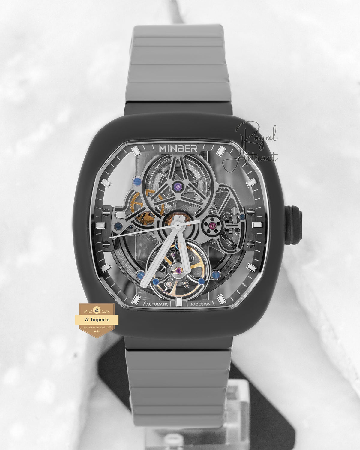Minber Steel Skeleton All Black Case With Skeleton Dial Mechanical Bracelet Watch