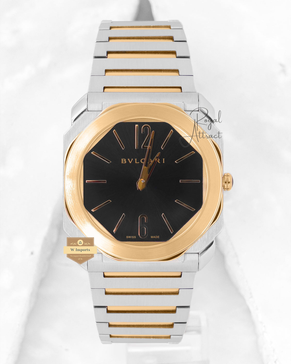 Latest Collection Ultra Slim Two Tone Yellow Gold With Black Dial Chain Watch