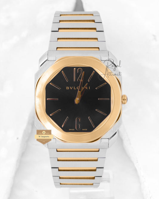 Latest Collection Ultra Slim Two Tone Yellow Gold With Black Dial Chain Watch