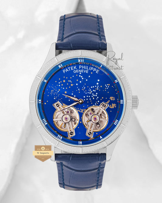 Limited Edition Double Tourbillon Silver Case With Blue Dial & Leather Strap