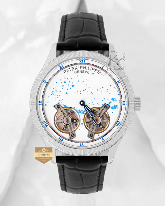 Limited Edition Double Tourbillon Silver Case With White Dial & Black Leather Strap