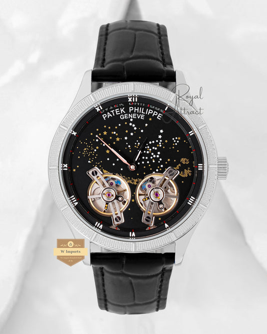 Limited Edition Double Tourbillon Silver Case With Black Dial & Leather Strap
