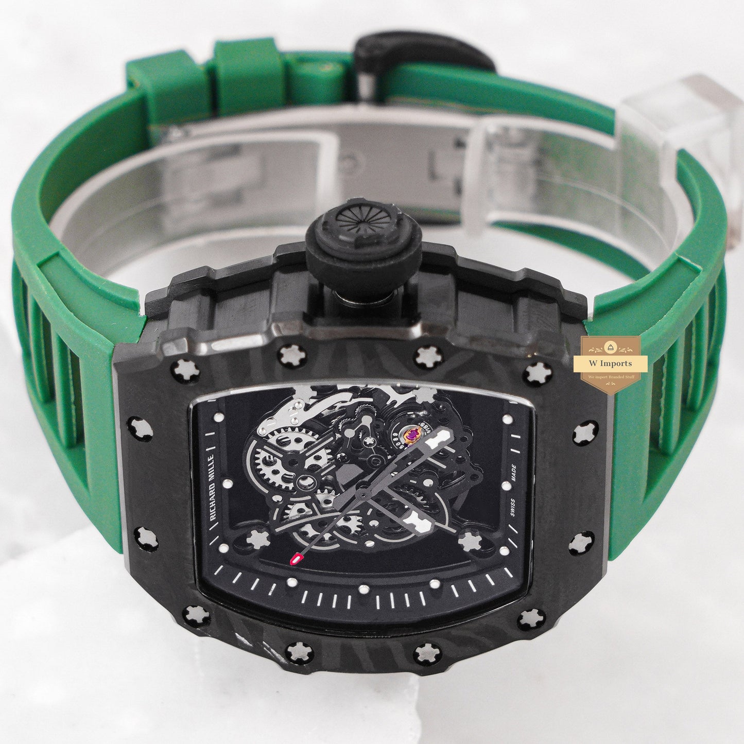 Latest Collection Black Case With Skeleton Dial & Green Rubber Strap Automatic Watch