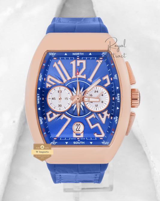 Latest Collection Chronograph Rose Gold Case With Blue Dial And Leather Strap