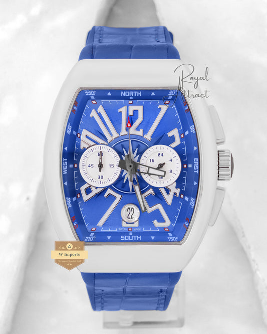 Latest Collection Chronograph Silver Case With Blue Dial And Leather Strap