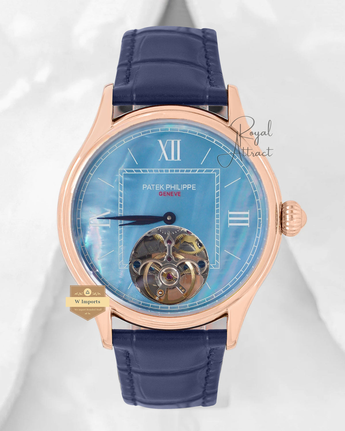 New Collection Tourbillon Rose Gold Case With Sky Blue Dial & Leather Strap