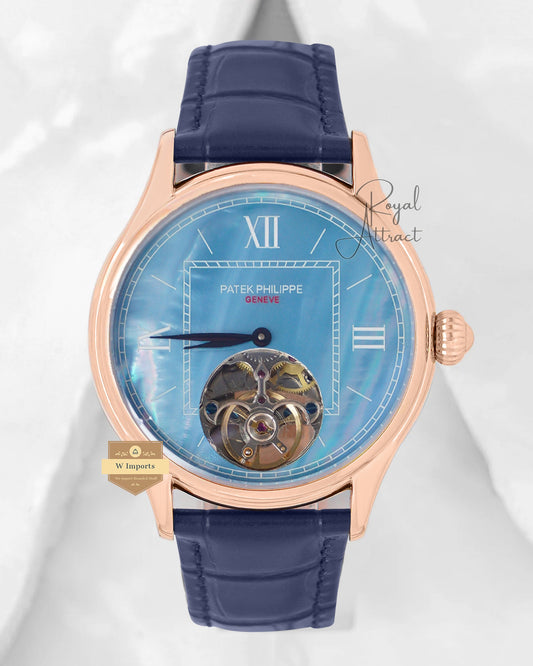 New Collection Tourbillon Rose Gold Case With Sky Blue Dial & Leather Strap