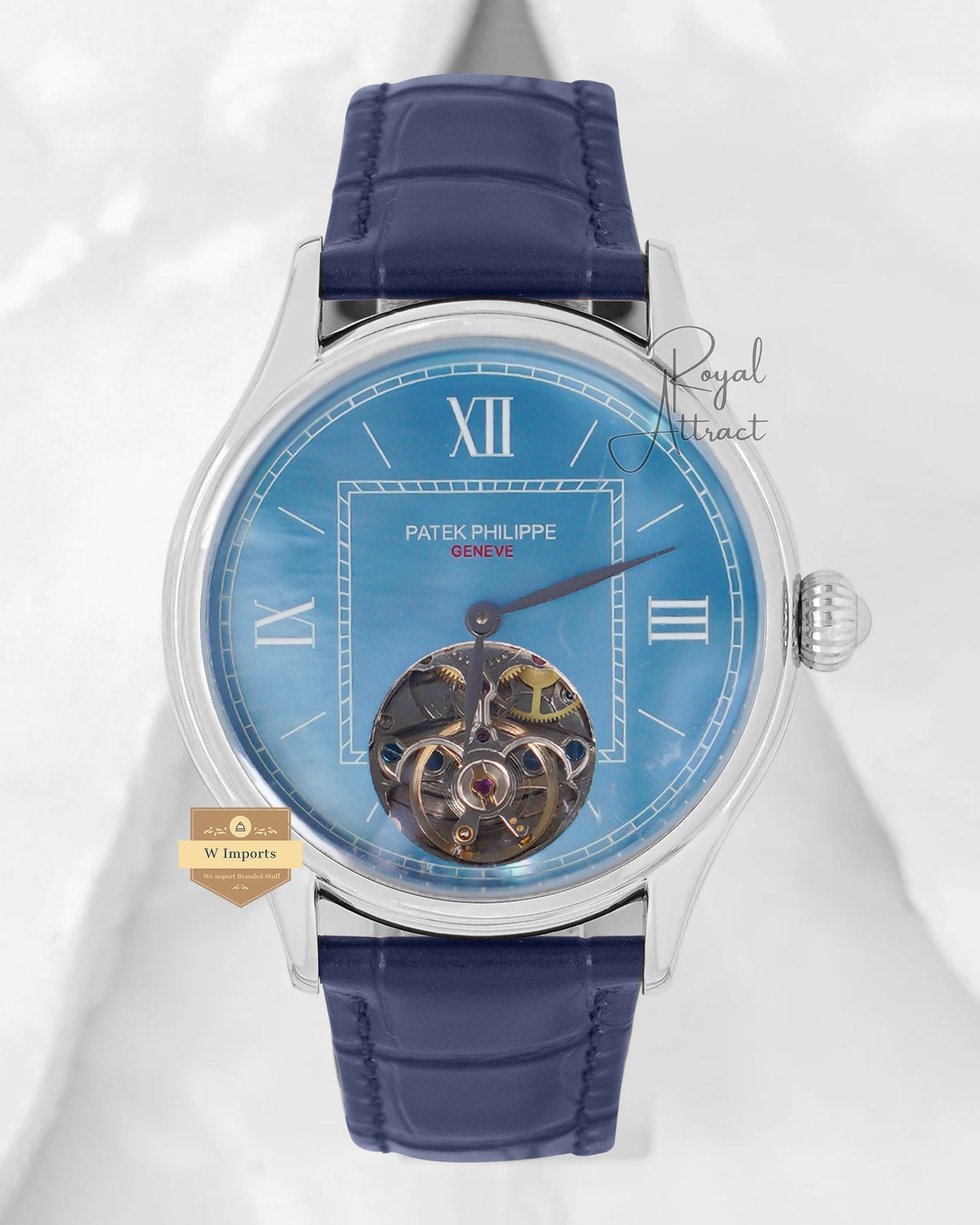 New Collection Tourbillon Silver Case With Sky Blue Dial & Leather Strap