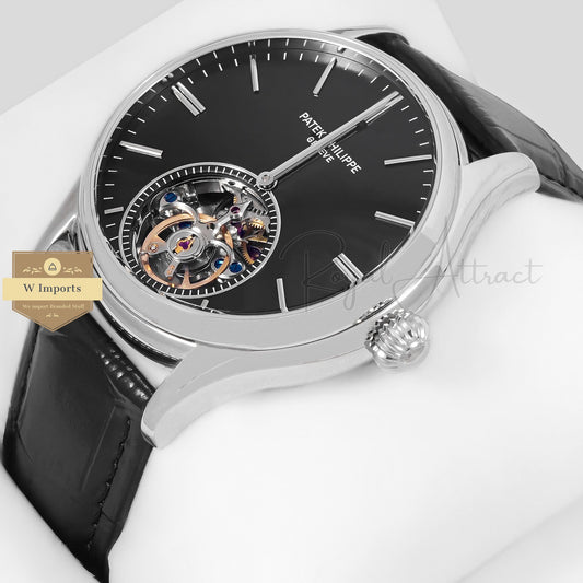 LATEST COLLECTION TOURBILLON SILVER CASE WITH BLACK DIAL & LEATHER STRAP