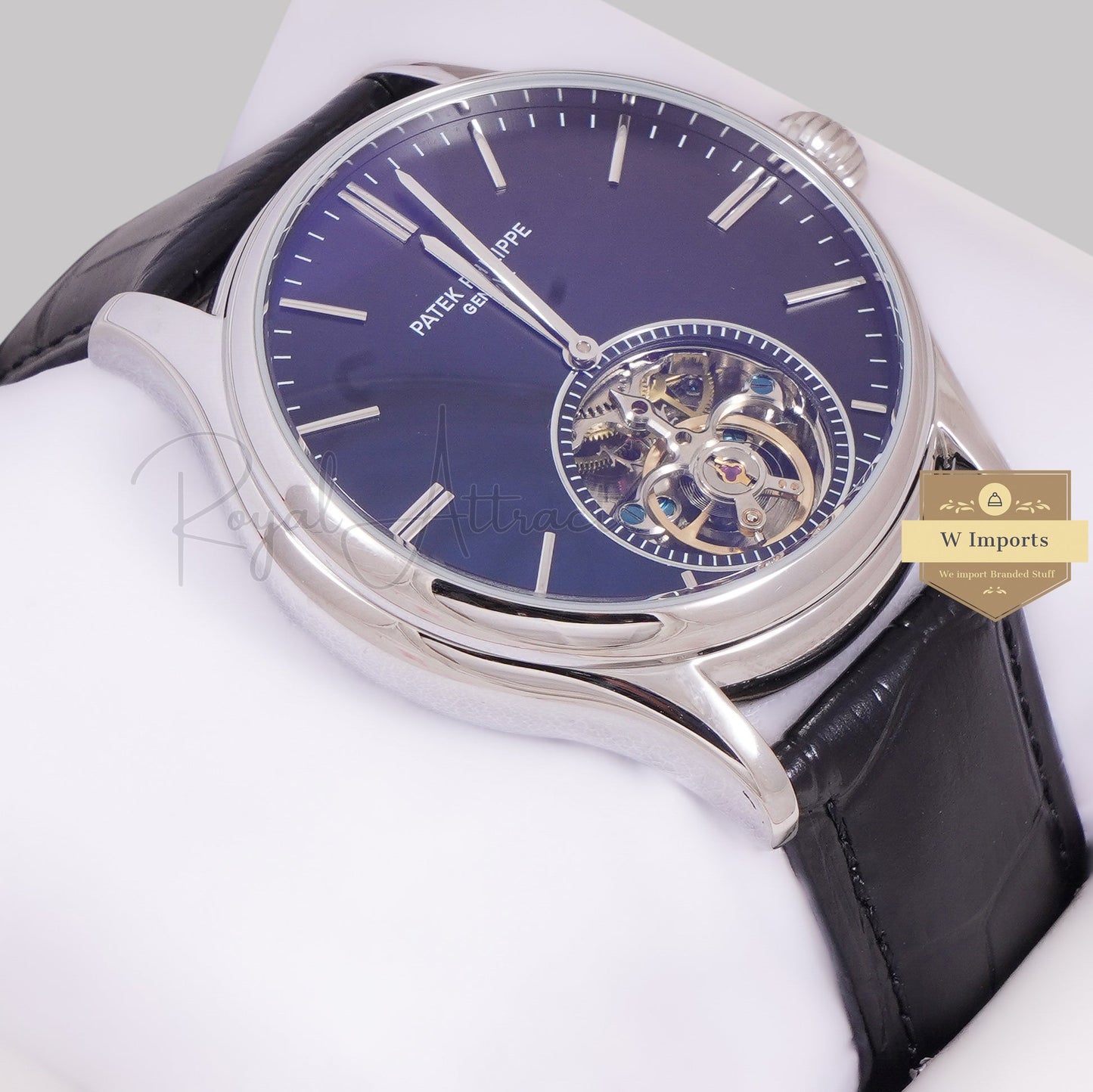 LATEST COLLECTION TOURBILLON SILVER CASE WITH BLACK DIAL & LEATHER STRAP