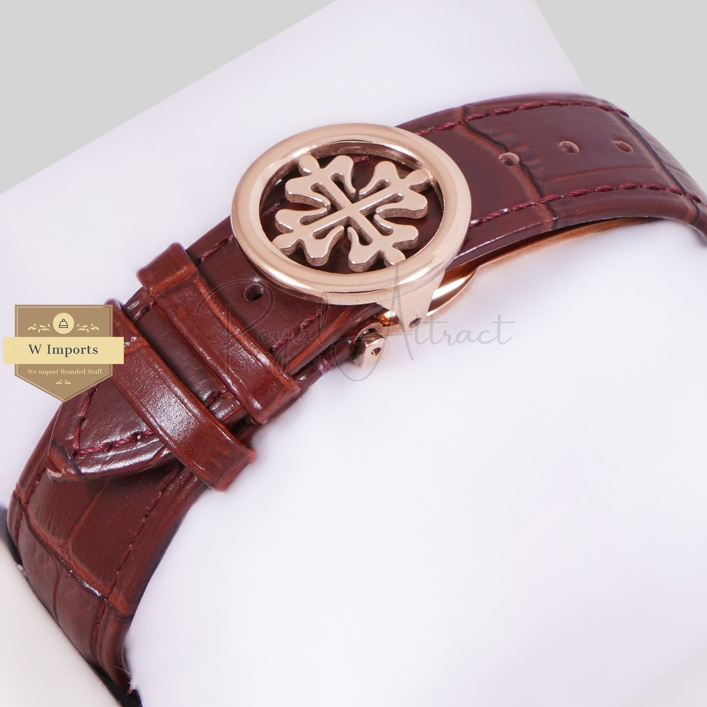 LATEST COLLECTION ANNUAL CALENDAR MOON PHASE ROSE GOLD CASE WITH WHITE DIAL STONE BEZEL & LEATHER STRAP