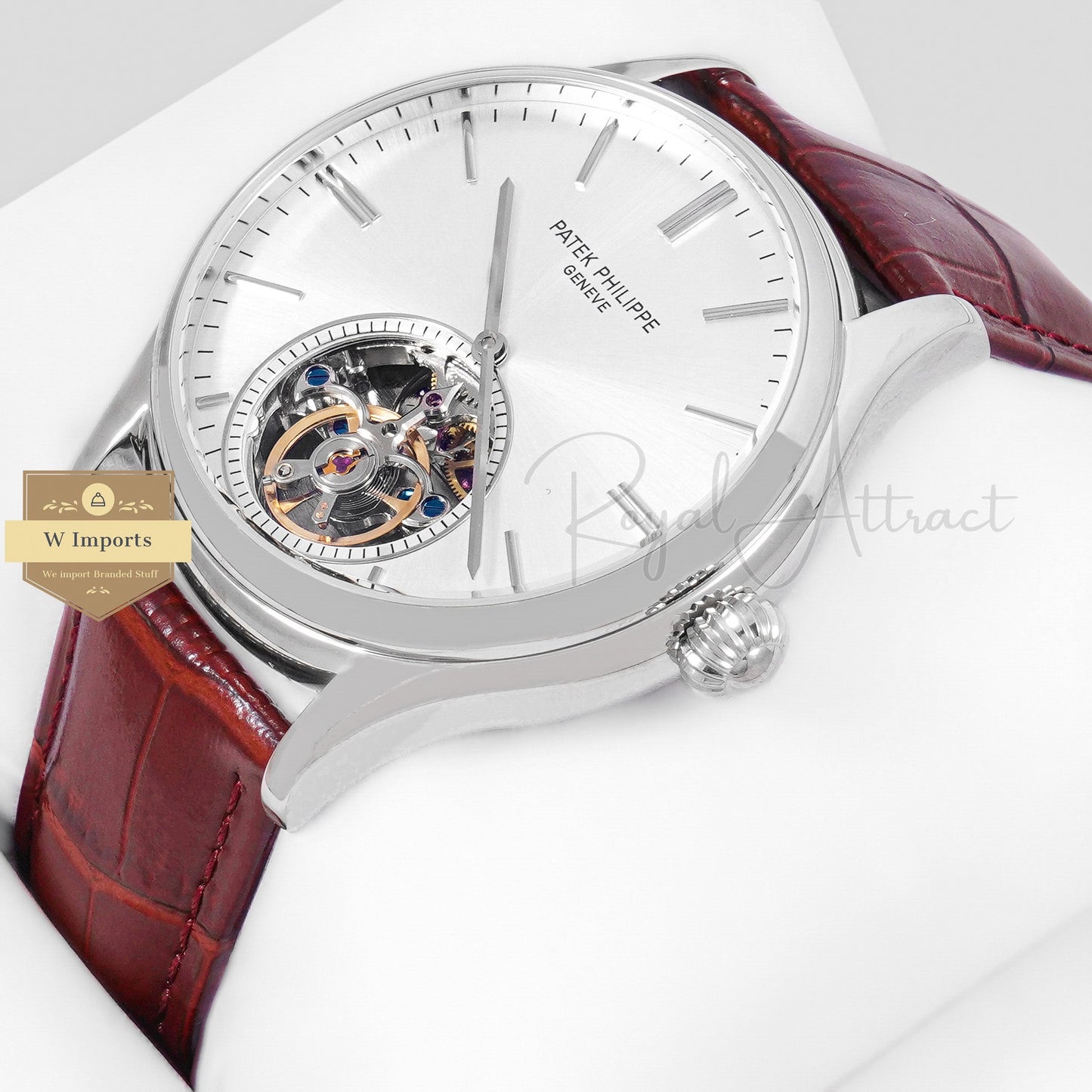 LATEST COLLECTION TOURBILLON SILVER CASE WITH WHITE DIAL & BROWN LEATHER STRAP