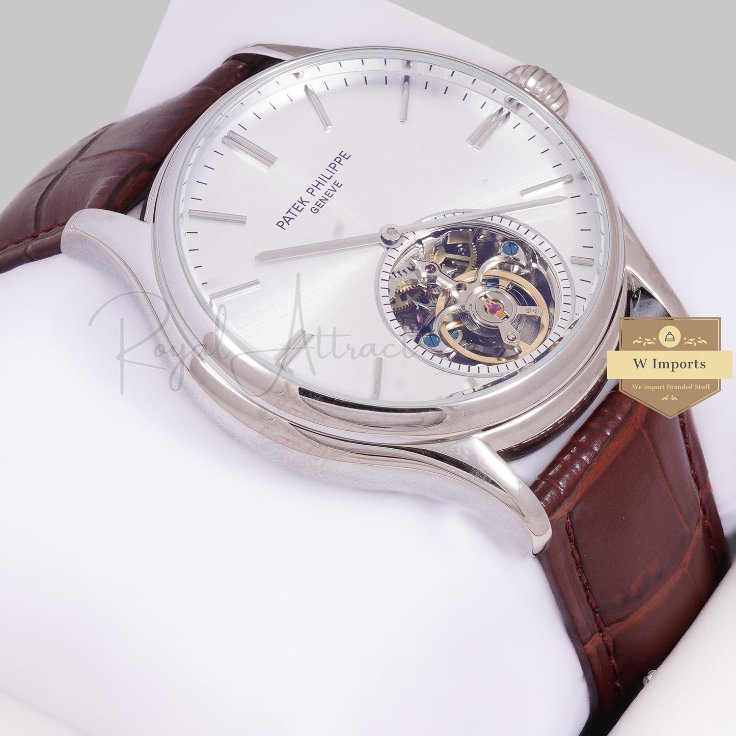 LATEST COLLECTION TOURBILLON SILVER CASE WITH WHITE DIAL & BROWN LEATHER STRAP