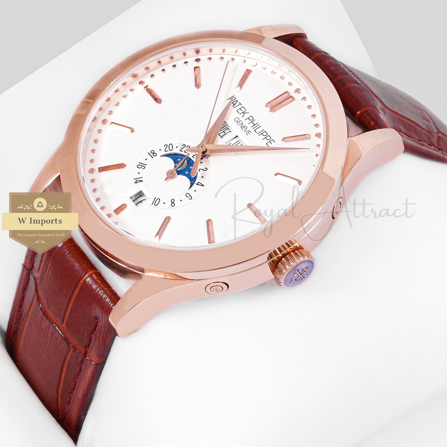 LATEST COLLECTION ANNUAL CALENDAR MOON PHASE ROSE GOLD CASE WITH WHITE DIAL & LEATHER STRAP