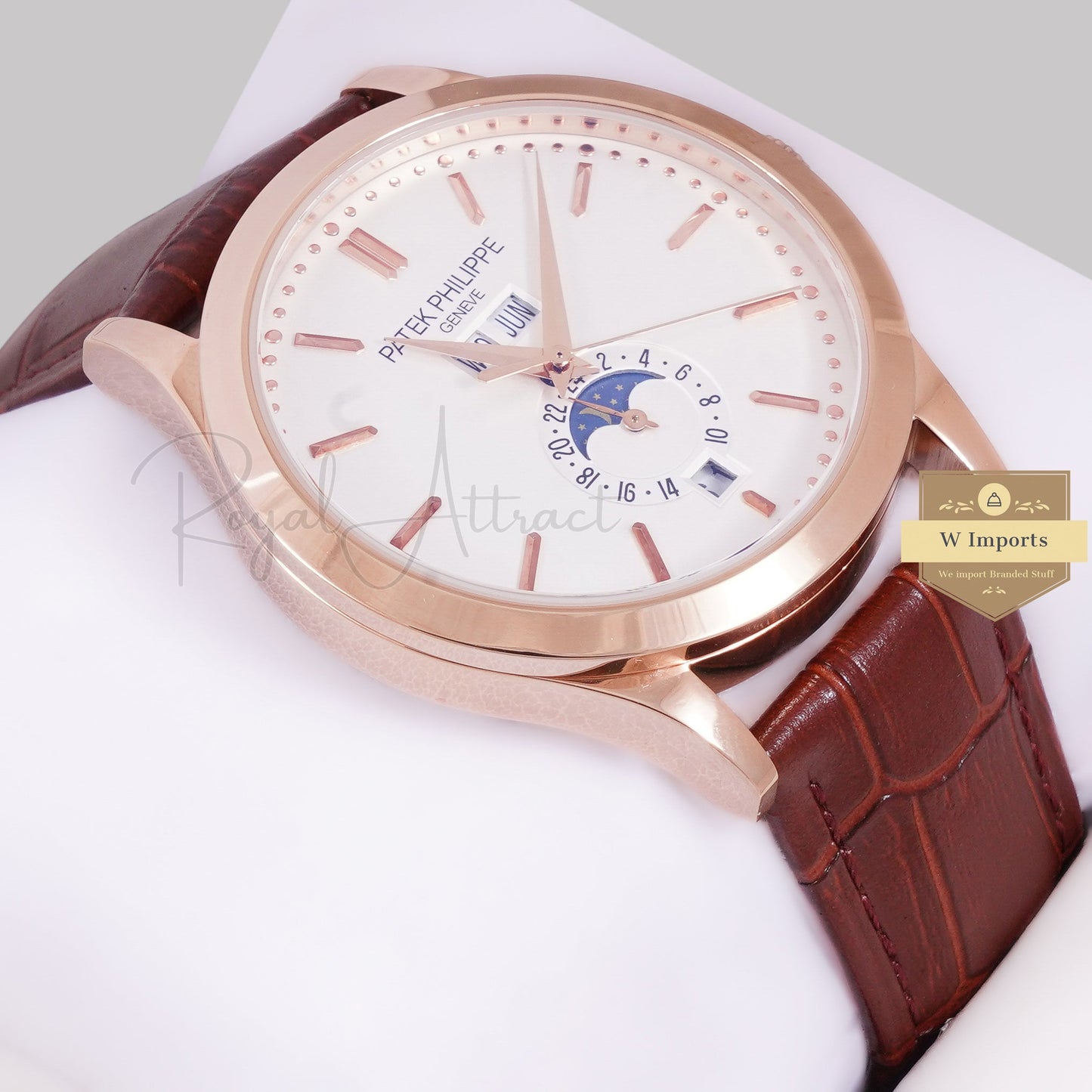 LATEST COLLECTION ANNUAL CALENDAR MOON PHASE ROSE GOLD CASE WITH WHITE DIAL & LEATHER STRAP