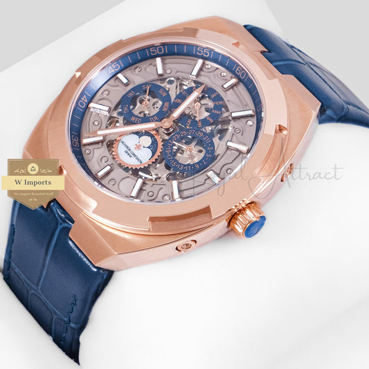 LATEST COLLECTION CHRONOGRAPH ROSE GOLD CASE WITH SKELETON DIAL AUTOMATIC STRAP WATCH