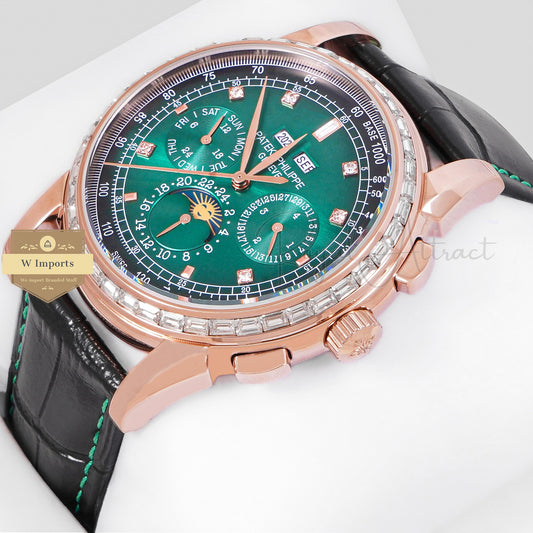 LATEST COLLECTION CHRONOGRAPH ROSE GOLD CASE WITH SEA GREEN DIAL & BLACK LEATHER STRAP