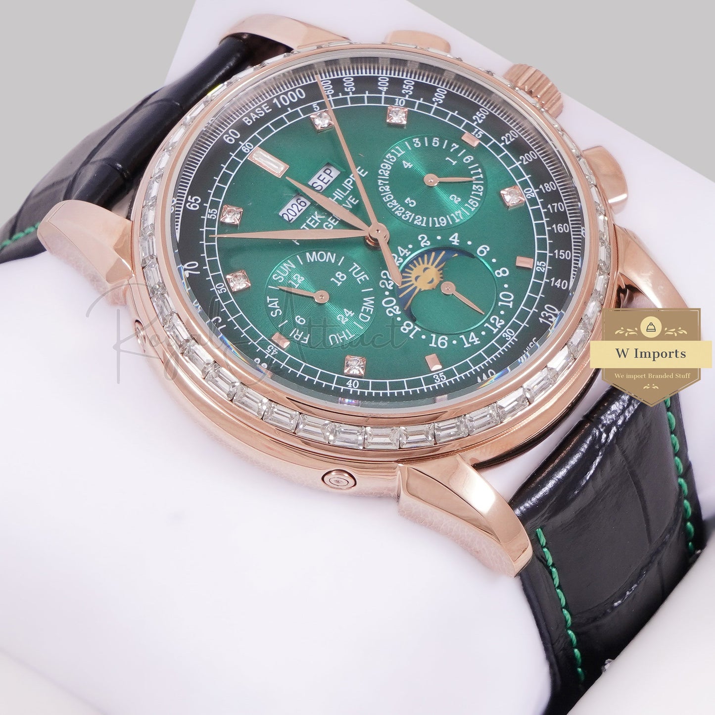 LATEST COLLECTION CHRONOGRAPH ROSE GOLD CASE WITH SEA GREEN DIAL & BLACK LEATHER STRAP