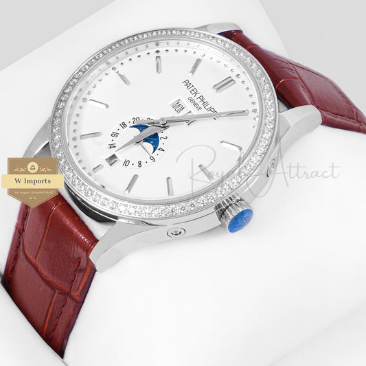 LATEST COLLECTION ANNUAL CALENDAR MOON PHASE SILVER CASE WITH WHITE DIAL STONE BEZEL & LEATHER STRAP