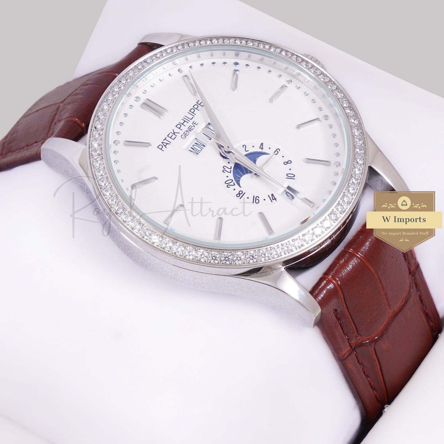 LATEST COLLECTION ANNUAL CALENDAR MOON PHASE SILVER CASE WITH WHITE DIAL STONE BEZEL & LEATHER STRAP