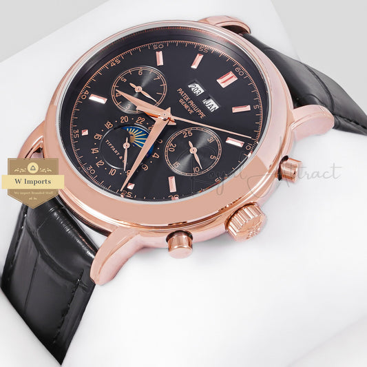 LATEST COLLECTION MOON PHASE ROSE GOLD CASE WITH BLACK DIAL & LEATHER STRAP