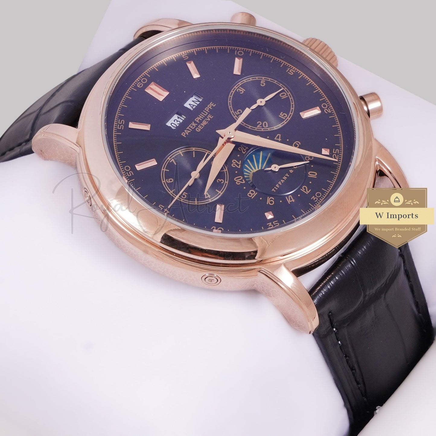 LATEST COLLECTION MOON PHASE ROSE GOLD CASE WITH BLACK DIAL & LEATHER STRAP