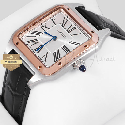 LATEST COLLECTION SILVER CASE WITH ROSE GOLD BEZEL & BLACK LEATHER STRAP