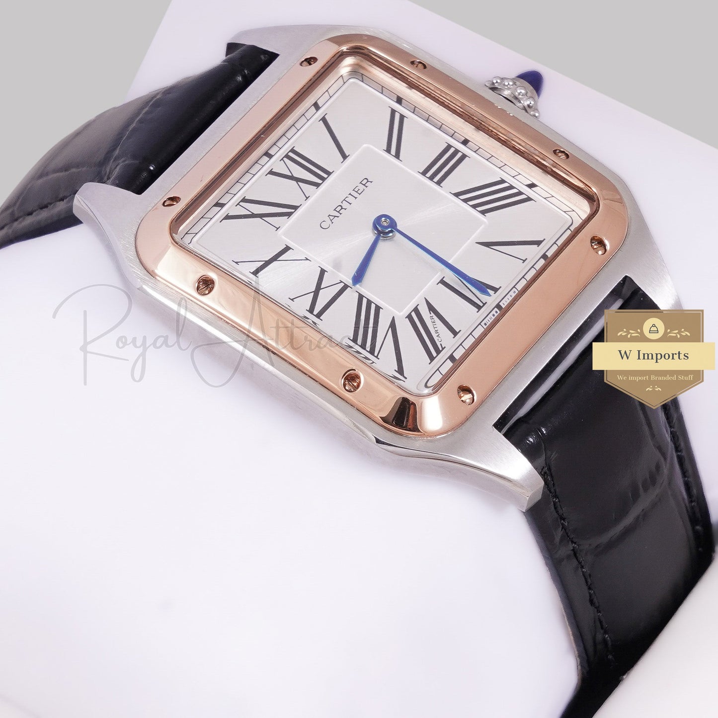 LATEST COLLECTION SILVER CASE WITH ROSE GOLD BEZEL & BLACK LEATHER STRAP