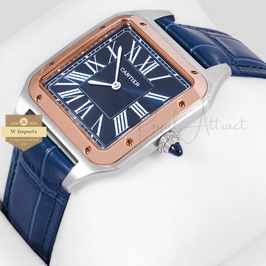 LATEST COLLECTION SILVER CASE WITH ROSE GOLD BEZEL & BLUE LEATHER STRAP