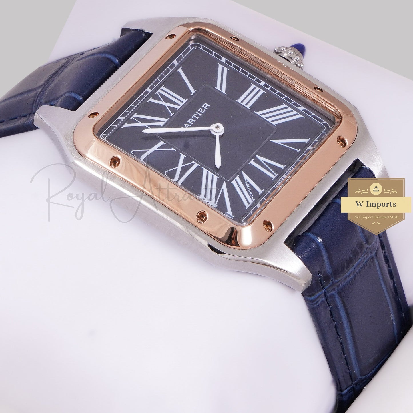 LATEST COLLECTION SILVER CASE WITH ROSE GOLD BEZEL & BLUE LEATHER STRAP