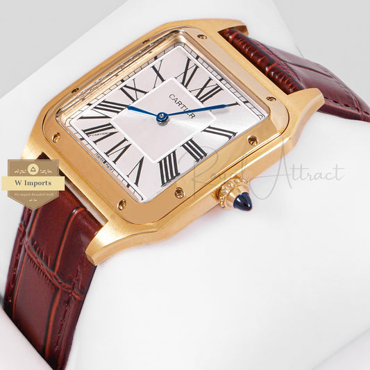 LATEST COLLECTION YELLOW GOLD CASE WITH SILVER DIAL & LEATHER STRAP