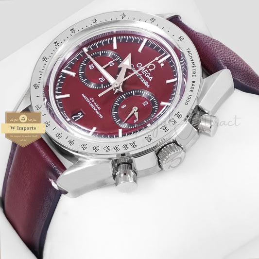 LATEST COLLECTION CHRONOGRAPH SILVER CASE WITH MAROON DIAL AND LEATHER STRAP WATCH