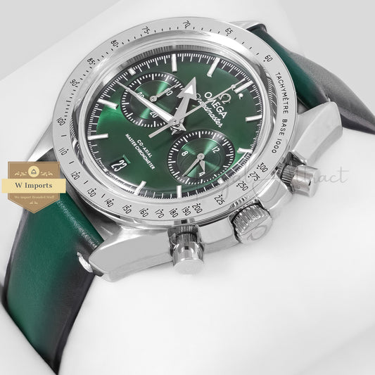 Latest Collection Chronograph Silver Case With Green Dial And Leather Strap Watch