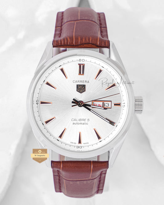Latest Collection Silver Case With Dial Leather Strap Automatic Watch For Men
