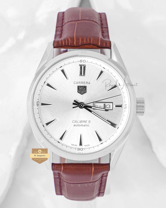 Latest Collection Silver Case With Dial Leather Strap Automatic Watch For Men