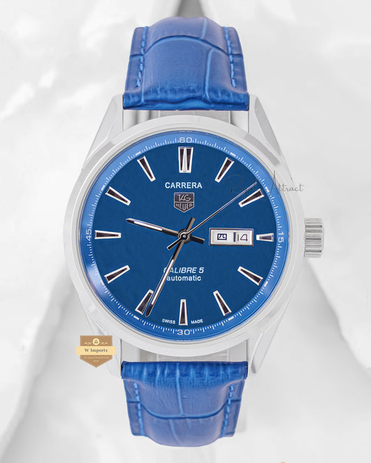 Latest Collection Silver Case With Blue Dial Leather Strap Automatic Watch For Men