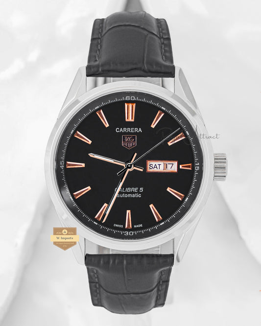 Latest Collection Silver Case With Black Dial Leather Strap Automatic Watch For Men