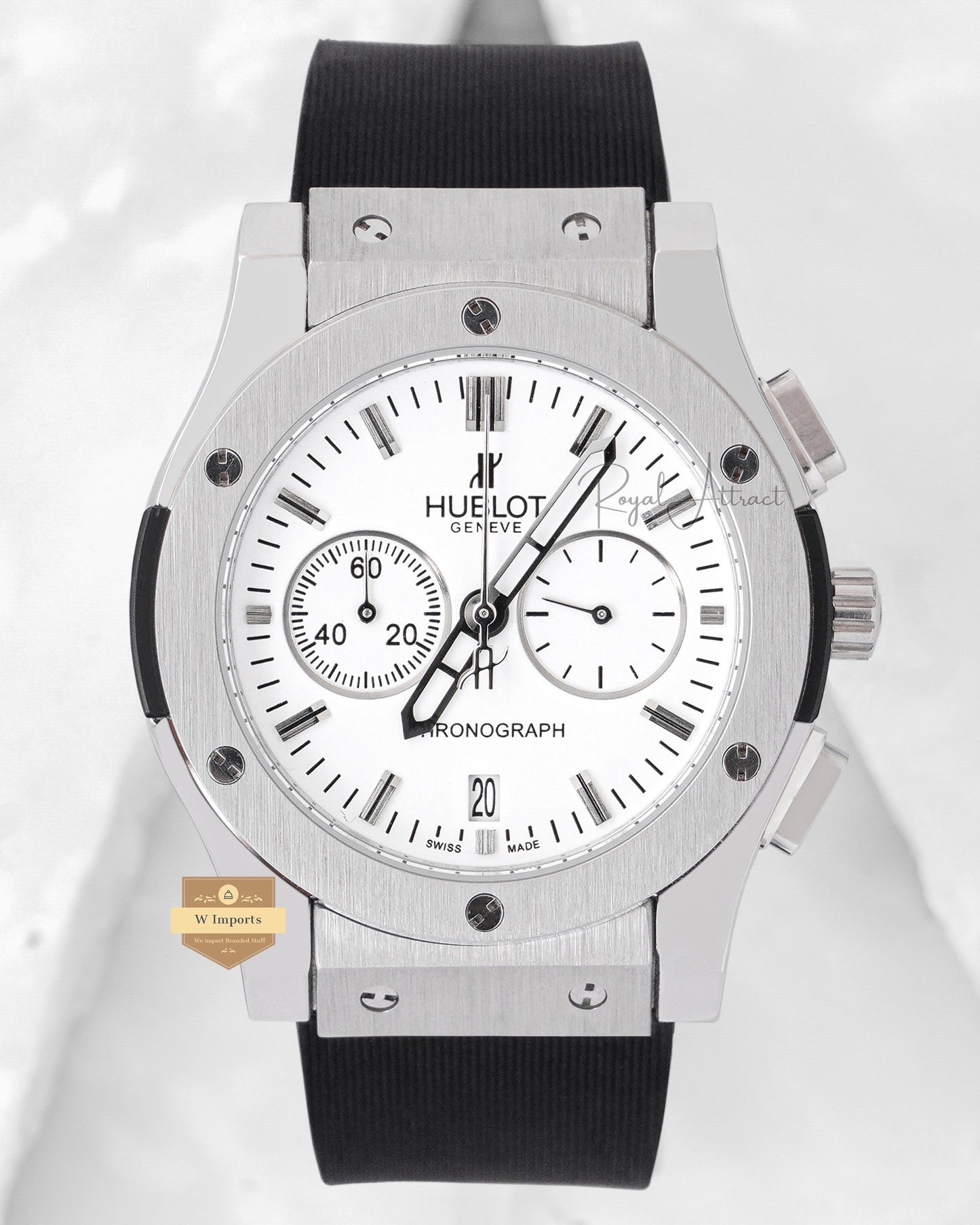 Latest Collection Chronograph Silver Case With White Dial & Pvc Strap