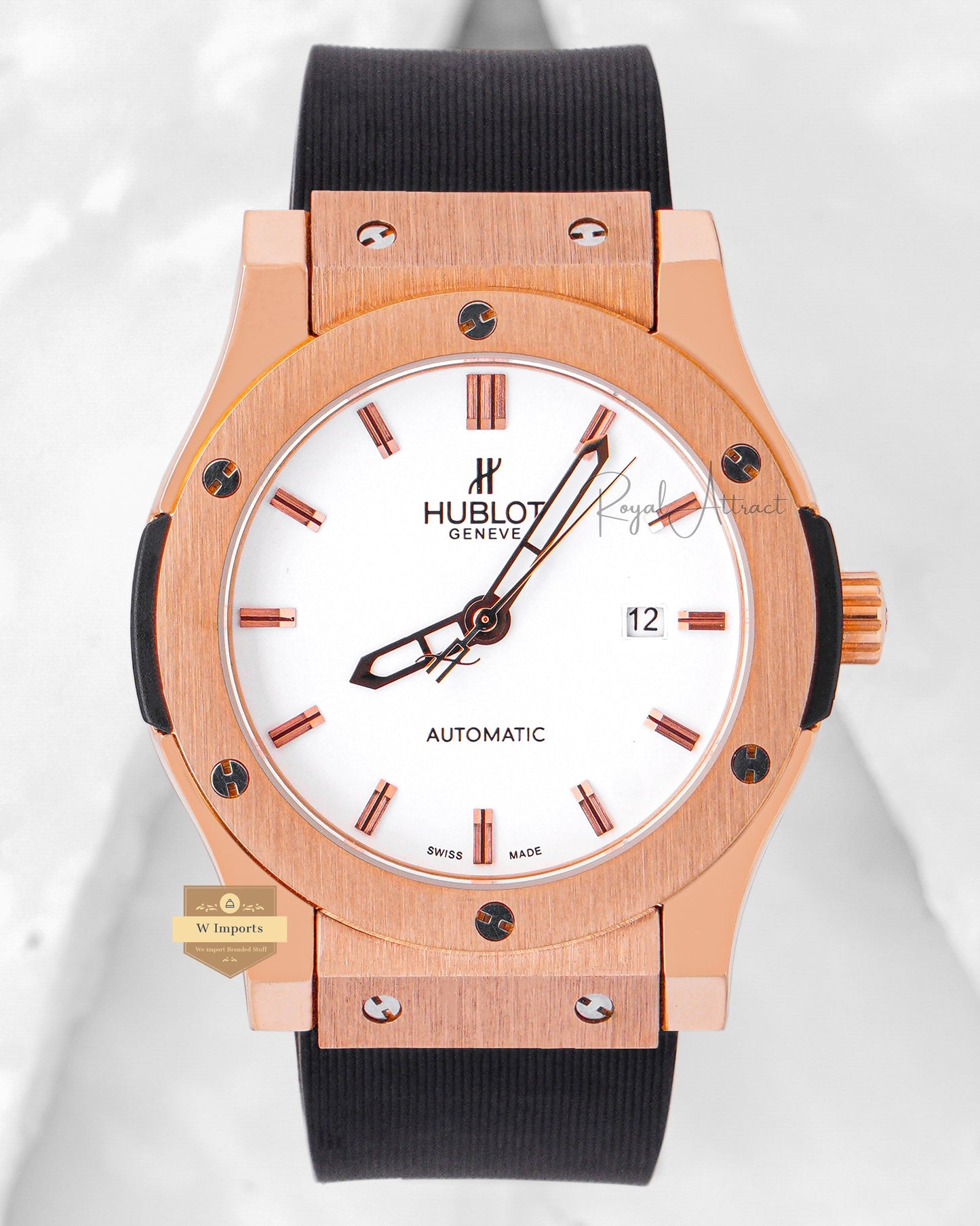 Latest Collection Rose Gold Case With White Dial & Black Pvc Strap