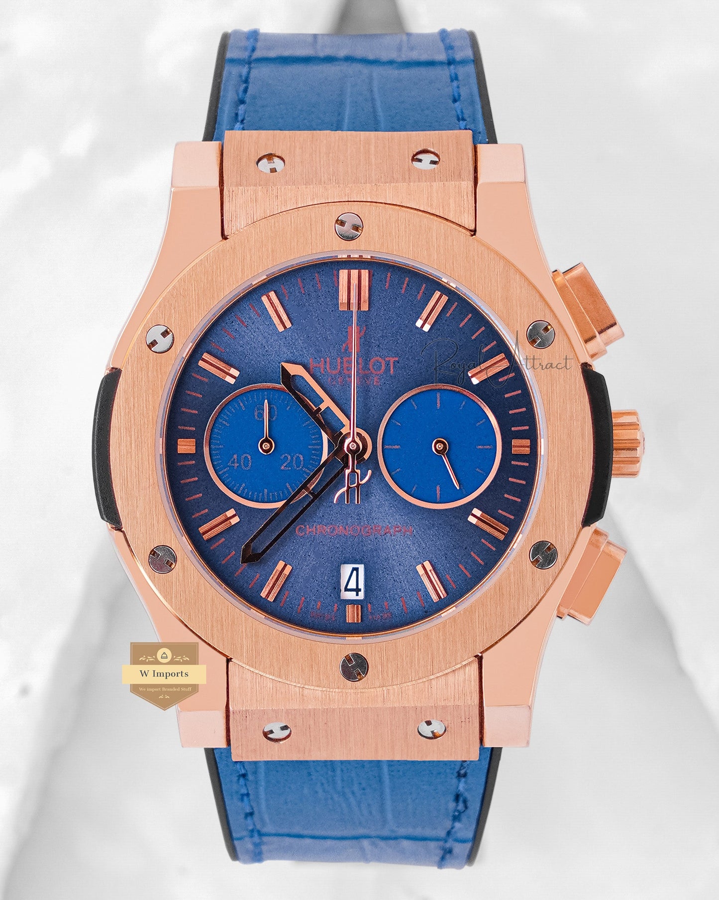 Latest Collection Chronograph Rose Gold Case With Blue Dial & Leather Strap