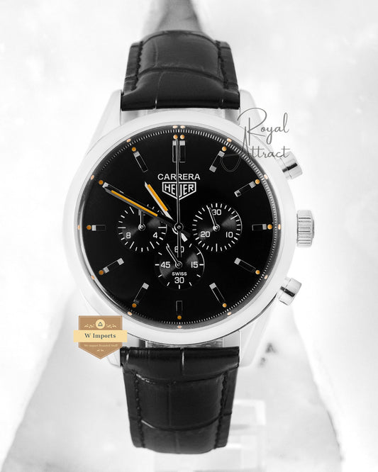 Latest Collection Chronograph Silver Case With Black Dial And Leather Strap Watch