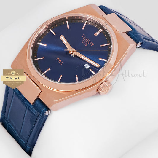 LATEST COLLECTION PRX ROSE GOLD CASE WITH BLUE PLAIN DIAL & LEATHER STRAP