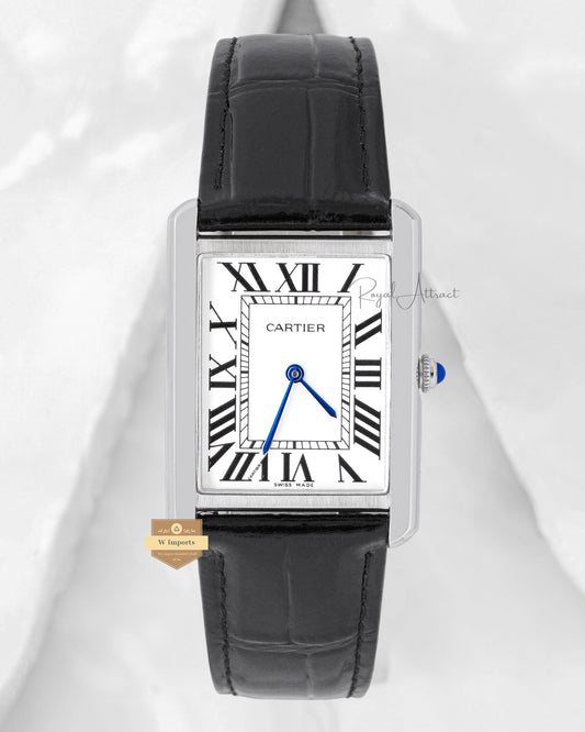 Latest Collection Silver Case With White Dial & Black Leather Strap Rectangular Watch