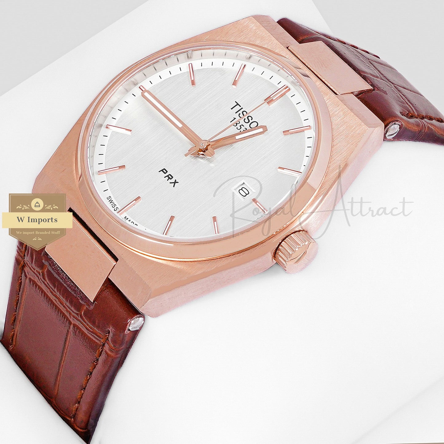 LATEST COLLECTION PRX ROSE GOLD CASE WITH WHITE DIAL & BROWN LEATHER STRAP