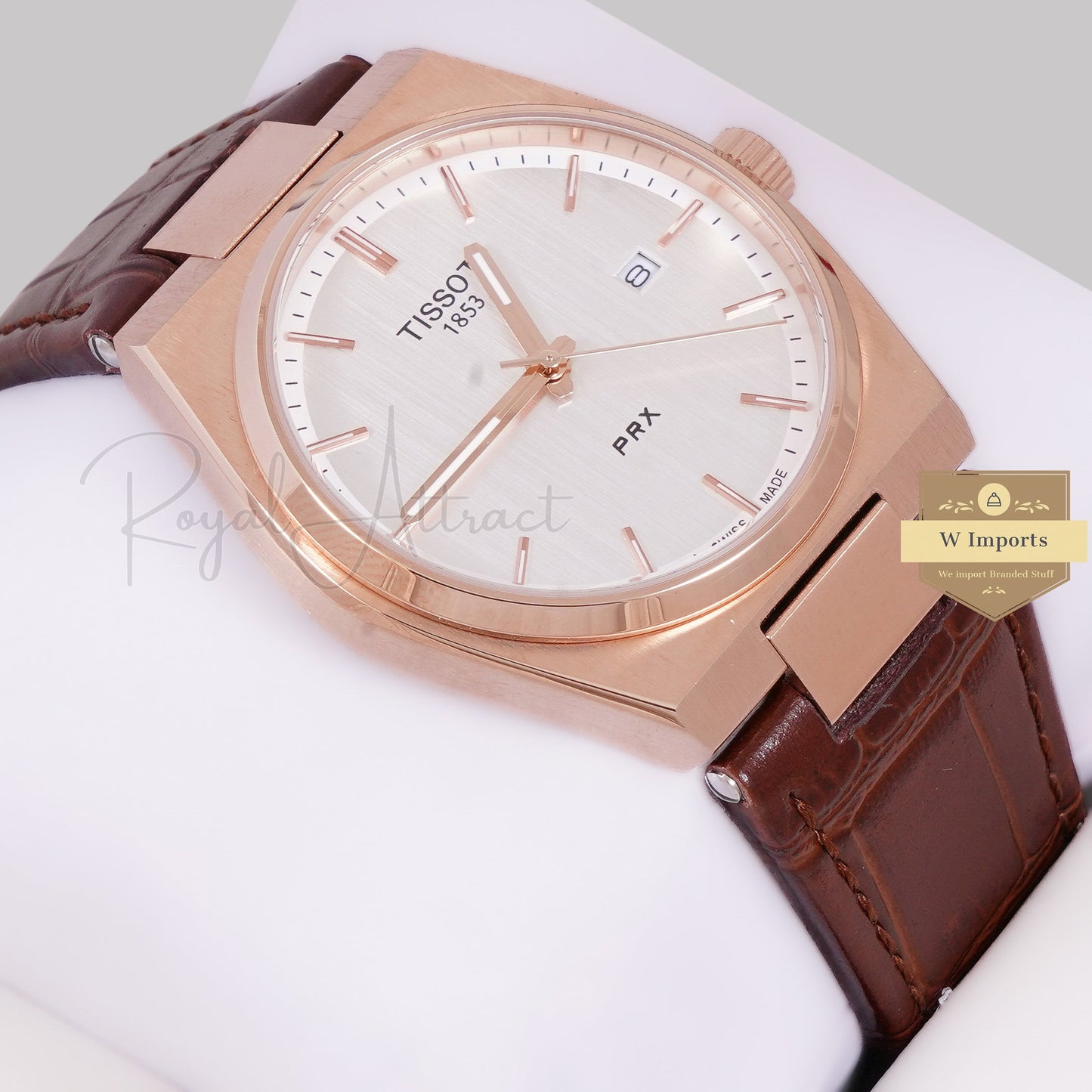 LATEST COLLECTION PRX ROSE GOLD CASE WITH WHITE DIAL & BROWN LEATHER STRAP