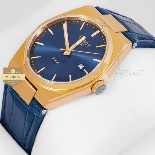 LATEST COLLECTION PRX YELLOW GOLD CASE WITH BLUE DIAL & LEATHER STRAP