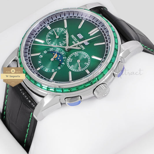LATEST COLLECTION CHRONOGRAPH SILVER CASE WITH SEA GREEN DIAL & BLACK LEATHER STRAP